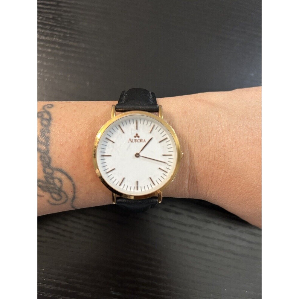 Aurora Black & Gold Toned Wristwatch w/ Adjustable Buckle Band Untested AS IS